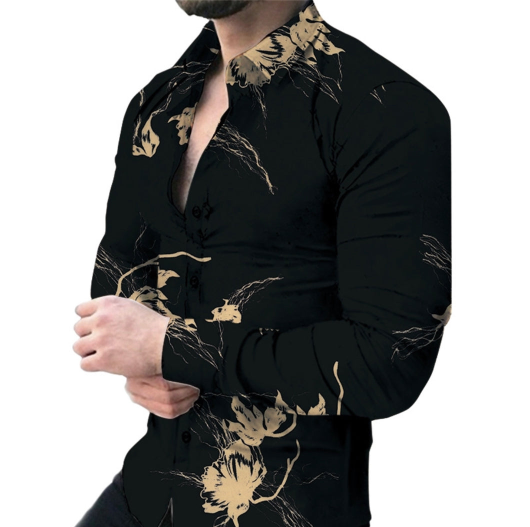 Men Fashion Design Print Long Sleeve Collar Button up