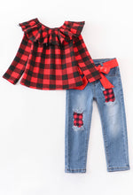 Load image into Gallery viewer, Red and black plaid top &amp; jean set
