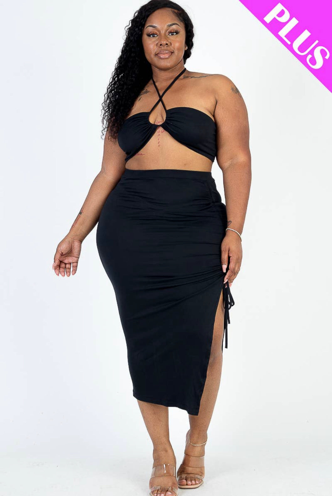 Plus Size Crisscross Halter Top Side Split Skirt Set